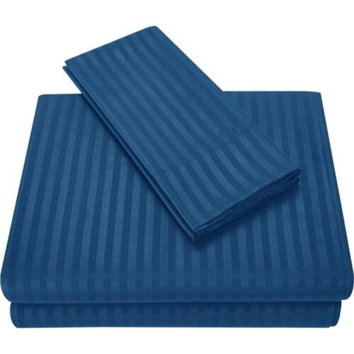 3/4 pcs Solid Blue Bedding Sheets Striped Bed Sheet Set Satin Bed Linens Luxury Bed Linen ( Fitted sheet+Flat Sheet+Pillow case