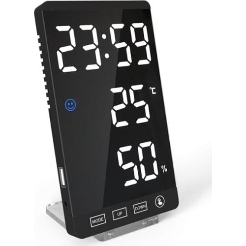 6Inch Mirror LED Alarm Clock Touch Button Digital Clock LED Time Temperature Humidity Display USB Output Port Table Clock