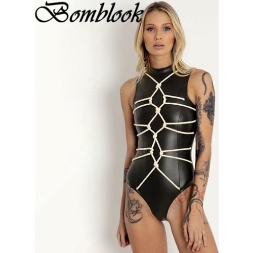 Bomblook Sexy Party Club Bodysuit Summer 2021 PU Material O-neck Sleeveless Bandage Zipper Tops Women Gothic Black Streetwears
