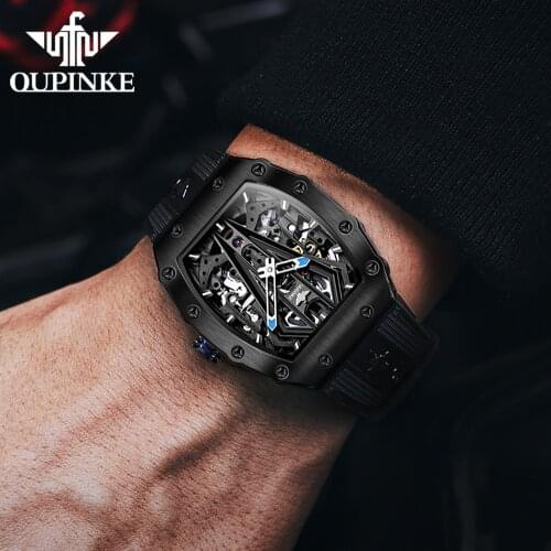 OUPINKE Silicone tonneau Mens Watches Automatic Mechanical Wristwatch Sapphire Glass Waterproof Sports Black Watch Montre homme