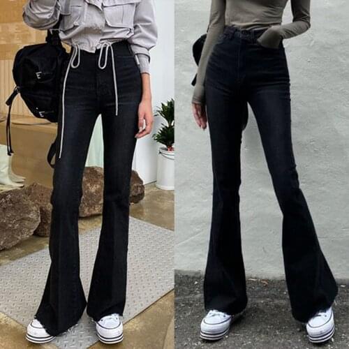 Casual Wild Fitting Stretch Flared Jeans High Waist Solid Color Lounge Trousers for Female Daily Dating Elegant Streetwear