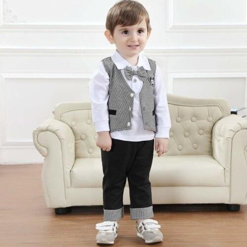 Boy Suits Formal Gentleman Suits Long Sleeve Boys Plaid Vest Suit Brand Kids Lapal Cotton Shirt +vest+pant 3 Pieces Clothing Set