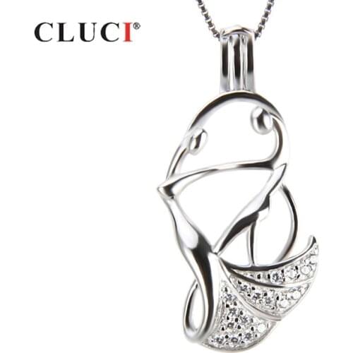 CLUCI 925 Silver Zircon Pendants for Luxury Necklace Dancing Lovers Shaped Valentines Gift For Women Wish Pearl Locket SC206SB