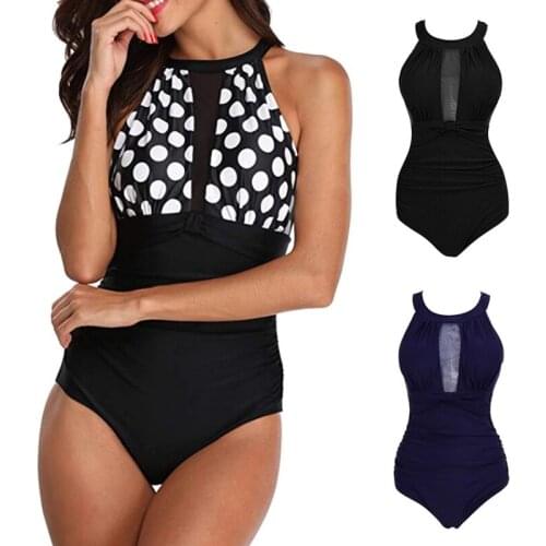 Summer Sexy Lace One Piece Swimsuit Women Solid Color High Neck Halter Swim Suit Pad Bathing Striped Mesh Swimwear