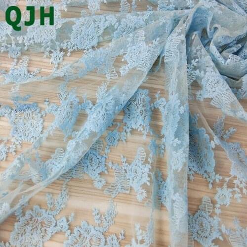 Soft Cotton Thread Embroidered Rose Pattern Lace Fabric Sky Blue French Voile Tulle Mesh Clothing Dress Accessories For Dress