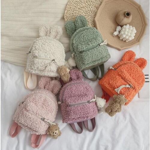 New Fashion Lovely Kids Newborn Plush Cute Backpack Cartoon Bunny Ear School Bags Winter Warm Fleece Daypack For Boys Girls