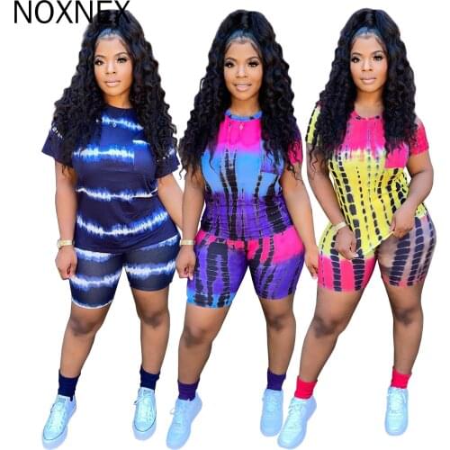 NOXNEX Women 2 Piece Outfits Round Neck Loose Shirt Skinny Short Pants Sportwear Tracksuits Two Piece Outfits for Women Tie Dye