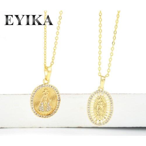 EYIKA Classic Gold Color Virgin Mary Catholic Pendant Necklace White Cubic Zirconia Colar Women Religion Jewelry for Anniversary