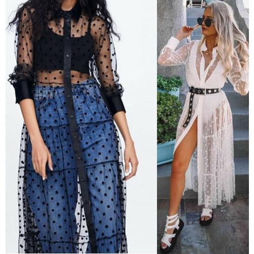Polka Dot Blouse Long Dress Summer Boho Mesh See Through Ruffles Long Maxi Dress Long Sleeve Dot Women New Fashion
