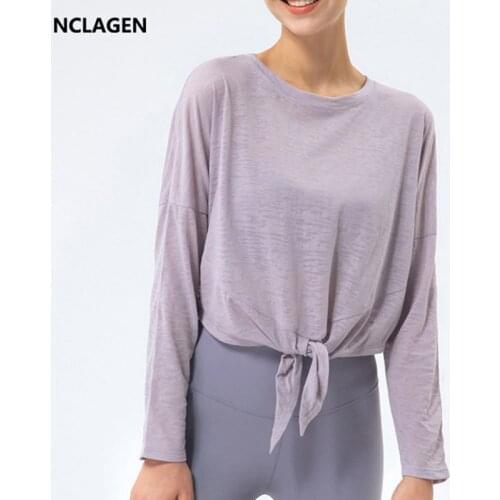 NCLAGEN Long Sleeve Shirts Fitness Top Womens Loose Yoga Blouse Gym T-shirt Sports Active Breathable Hollow Out Running Smock