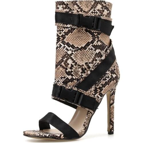 Brand Women Sandals Summer Shoes Thin High Heels Leather women sandals Round Toe PU 11CM Buckle Strap Serpentine women shoes