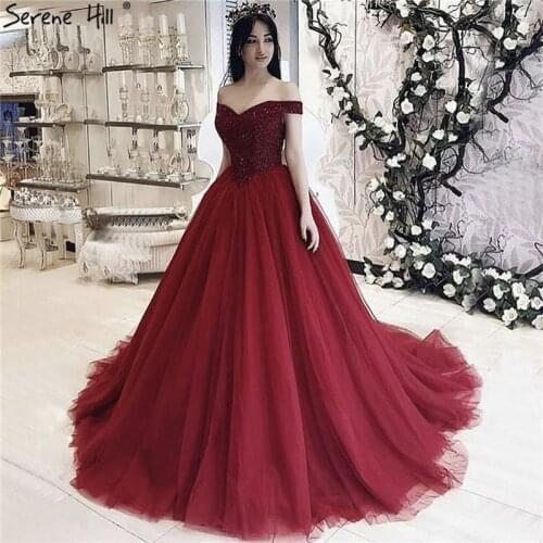 Serene Hill Luxury Beading Red Crystal Puffy Ball Gown Princess Wedding Dress 2020 Bridal Gown CHA2169