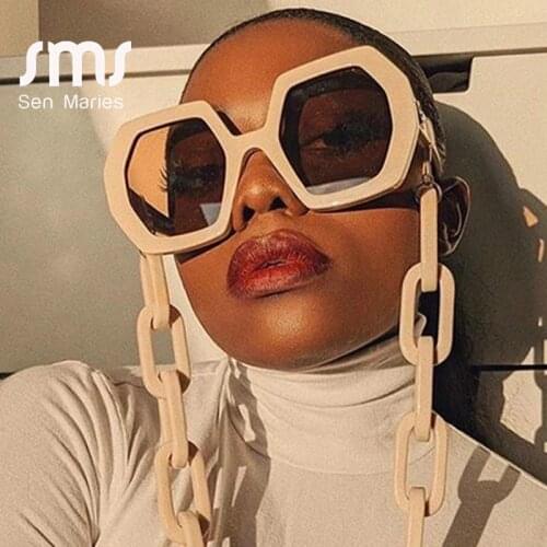 Unique Sunglasses Chain Set For Women 2020 Luxury Brand Polygon Square Sun Glasses Female Vintage Punk Eyewear Beige Men Shades