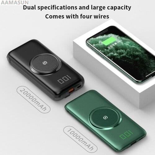 Aamasun 20000mAh Qi Wireless Charger Power Bank Built-in 4 Cables Powerbank Portable External Battery Charger For Xiaomi iPhone