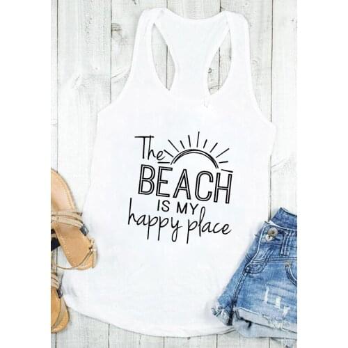 The Beach Is My Happy Place Vest funny Summer Loose tee 100%cotton shirts holiday shirt beach party shirts women trendy tank top
