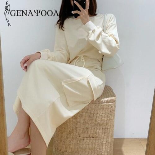 Genayooa Women Two Piece Outfits 2020 Winter Long Sleeve Casual Solid Two Piece Set Top And Skirt High Waist Midi Skirt Korean