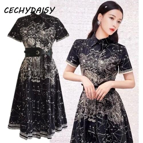 Runway 2021 Blouse Dress Women High Street Constellation Printed Short Sleeve Elegant Fashion Summer Midi Dresses Stripe Clothes