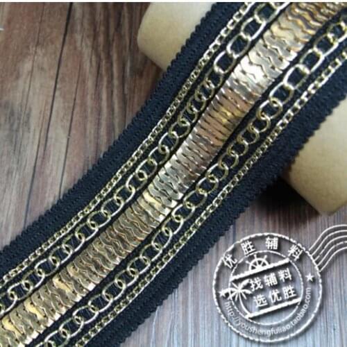 2Yards Gold Beaded Chain Lace Trims Vintage Fabric Paillette Sequin Chemical Lace Wedding Dress Dentelle Applique Sewing Craft