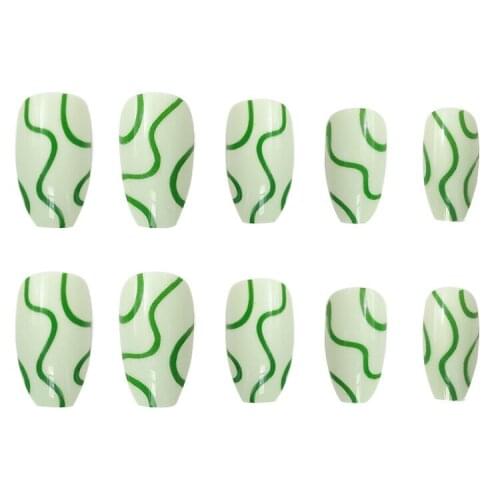 24pcs Green Lines Nail Patch Glue Type Removable Long Paragraph Fashion Manicure Save Time False Nail Patch Fake Nails