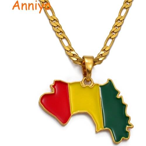 Anniyo Guinea Map & Flag Pendant Necklaces for Women/Men Gold Color Jewelry Map Of Guinea Necklaces Guinee #116706
