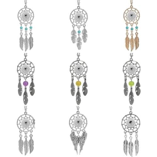 Bohemian Ethnic Style Necklaces Feather Tassels Snap Button Necklace Fit 12mm Snap Buttons Snap Jewelry Dream Catcher