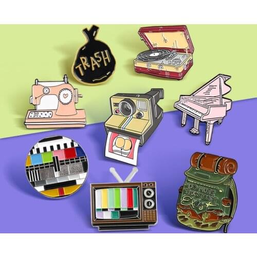 Brooch Piano Sewing Machine Cokey Dog Skate Lamian Noodle Music Box Trash Camera Travelling Backpack Television TV Enamel Pins