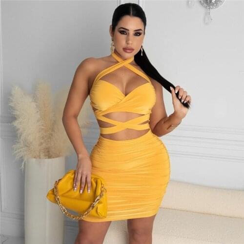 CHRONSTYLE Lace-up Wrapped Chest Halter Criss-Cross Women Dress New Summer Outfits Sexy Hollow Out Backless Party Clubwear Dress