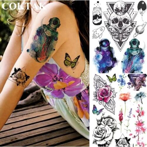 COKTAK Death Skull with Moth Moon Temporary Tattoos Triangle Sticker Universe Astronaut Planets Custom Tattoo For Women Female