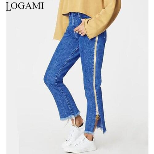 LOGAMI High Waist Zipper Side Straight Jeans Woman Split Casual Denim Jeans Spring Summer Pants Trousers