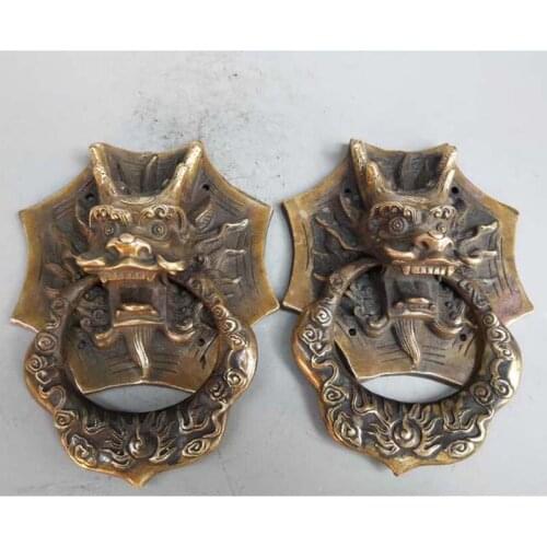 790g Chinese pure copper brass dragon head door rings crafts statue