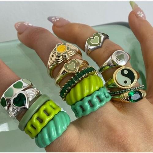 Chunky Aesthetic Y2K Love Heart Yin Yang Rings for Women Girl Gold Silver Color Drip Oil Enamel Metal Finger Ring Trendy Jewelry