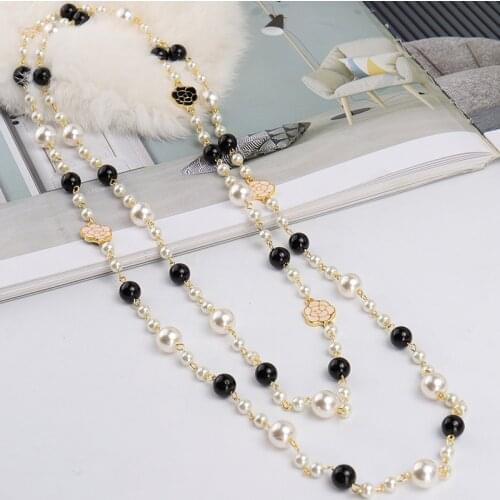 Rose Flower Pearl Long Necklace Multilayer Pearl Hanging Chain Fashion Ladies Clothing Jewelry Accessories