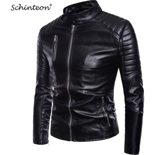 Schinteon Men PU Leather Biker Motorcycle Jacket Stand Collar Slim Fit Outwear Faux Leather Casual Coat Zipper