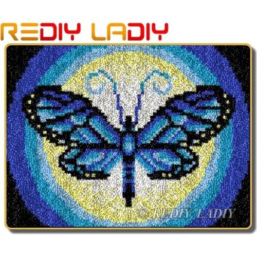 Latch Hook Rug Kits Crocheting Carpet Rug Blue Dragonfly Acrylic Yarn Printed Canvas Cushion Mat Crochet Tapestry Hobby & Crafts