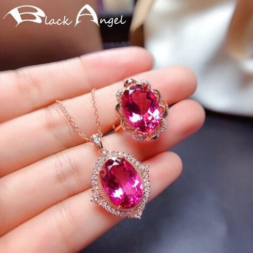 BLACK ANGEL New Rose Gold Jewelry Set Red Tourmaline Pendant Choker For Women CZ Crystal Gemstone Open Ring Wedding Necklace
