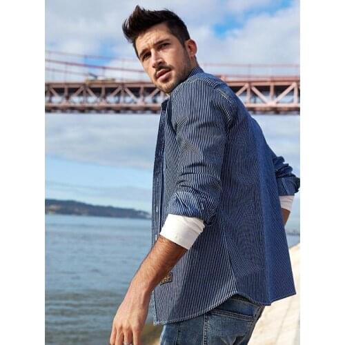 Men denim shirt Spring South Korean style edition fashion leisure stripe long sleeve shirts top