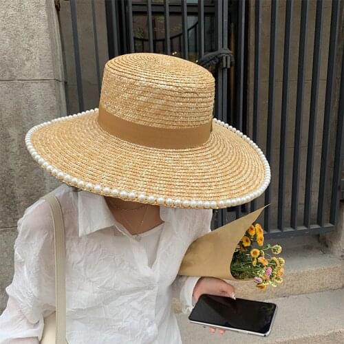Elegant Handmade Natural Straw Hat For Women Bandage Ribbon Tie Pearl Wide Brim Sun Hat Derby Sun Protection Summer Beach Caps