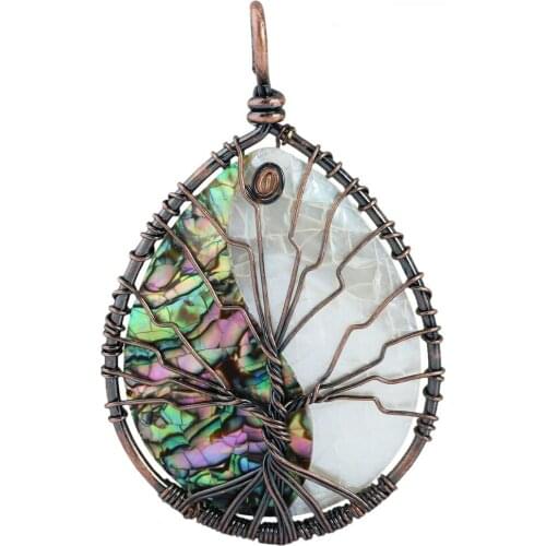 SUNYIK Tai Chi Design Teardrop Abalone Shell Copper Wire Wrapped Tree of Life Pendant Charms Jewelry For Women
