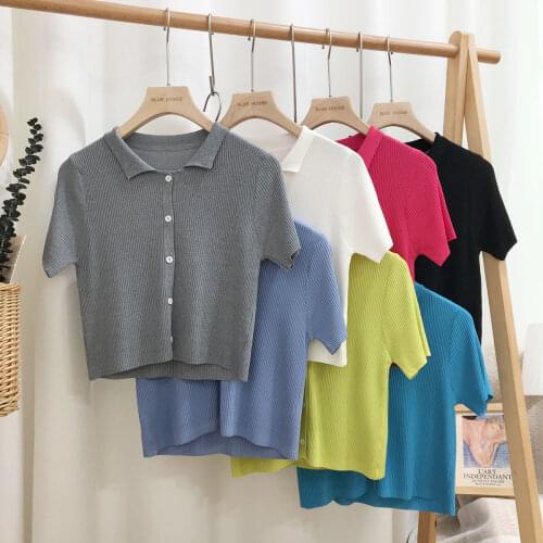 Cropped V Neck Knitted Jacket Short Sleeve Girl Summer Tops Slim Short Sweater Women Summer Clothing T-Shirt