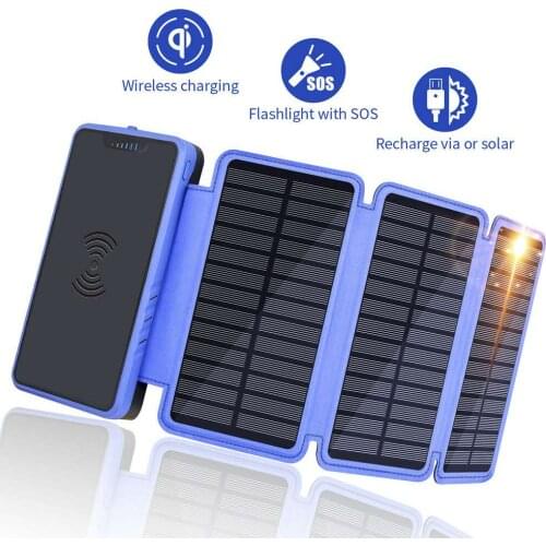 20000mah Waterproof Wireless Charging Solar Power Bank Portable Power Battery for Phone with Foldable 4.5W Solar Panel + LED
