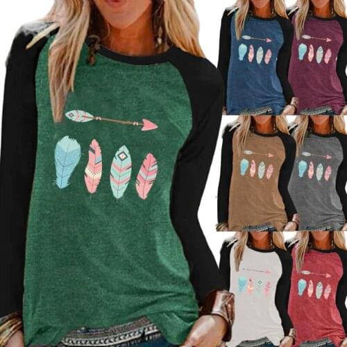 Womens Fashion Autumn Casual Round Neck Loose Feathers Printing Long-sleeved Shirt Raglan Sleeves Plus Size T Shirt XS-5XL