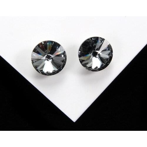 925 Sterling Silver Round Gray Crystal Stud Earrings for Women Girls Party Fine Jewelry Silver Stud Earrings