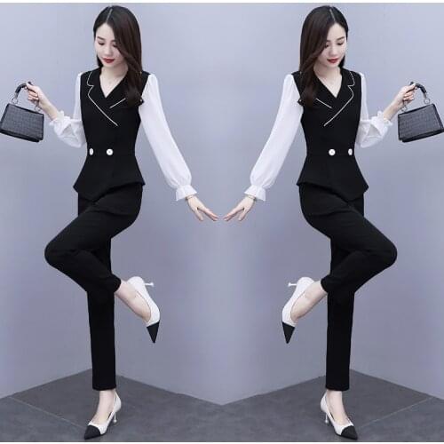 2021 New Style Lady Work Wear Professional Shirt And Pants 2 Piece Sets Patchwork Single Breasted Notched Elastic Waist Suits