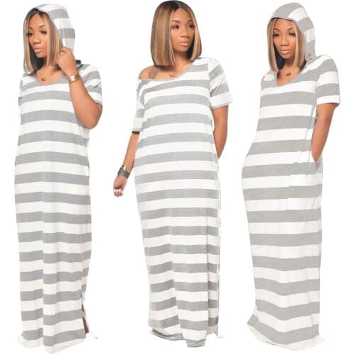 Women Striped Printed Hooded Dress Light Gray Leisure Home Cotton Casual Maxi Dress Fashion O-neck Short Sleeve Split Loose Robe