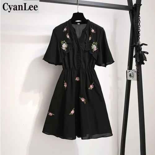 Embroidery Floral Large Size Women Chiffon Dress French Retro Elastic Waist A Line Casual Loose Ruffle Shirt Dress Elbise 4XL