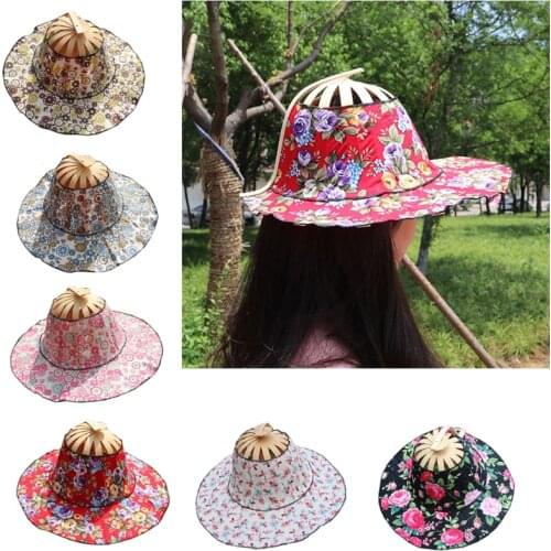 Foldable Hand Fan Sun Hat 2 in 1 Chinese Style Portable Floral Printed Handheld Fan Beach Bamboo Hat