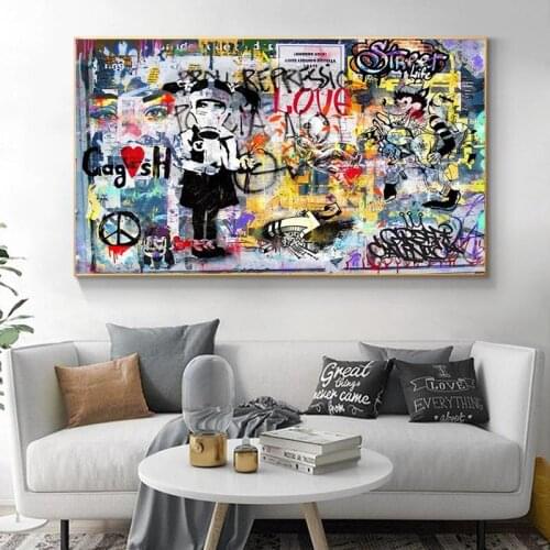 Banksy Girl In Gas Mask Canvas Wall Art Abstract Street Graffiti Print Banksy Girl Colorfull Graffiti Canvas Print Wall Decor