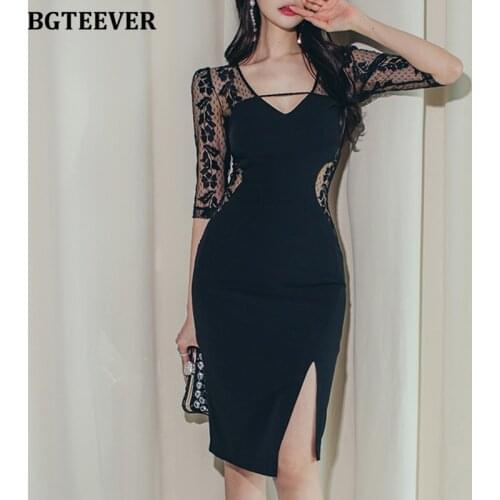 BGTEEVER Ladies Sexy Party Evening Bodycon Dress Fashion V-neck Lace Patchwork Slim Waist Women Dress Split Sheath OL Vestidos