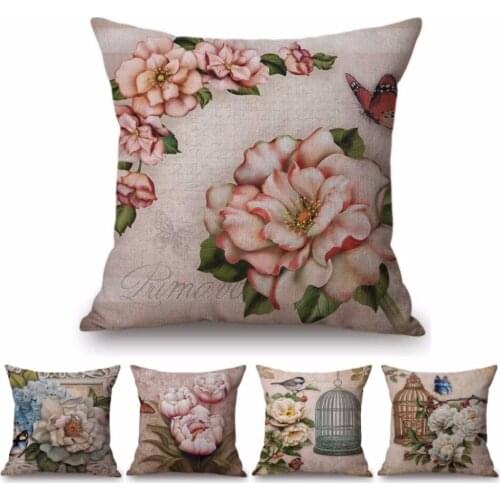 18" Vintage Spring Summer Pink Flower Floral Butterfly Decorative Throw Pillow Case For Sofa European Luxury Linen Cushion Cover