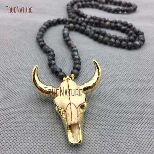 Long Boho Unisex Necklace Gold Resin OX Skull Charm Black Labradorites Beads Popular Necklace For Women In 32 Inch NM4306
